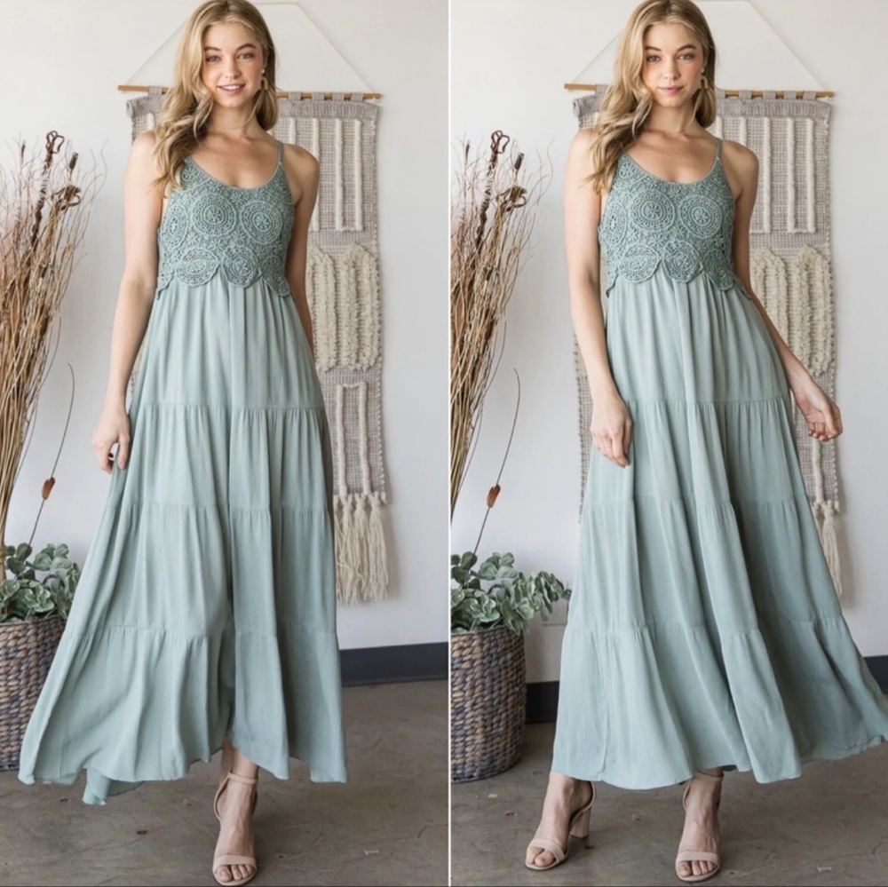 LAST ONE! Gorgeous Sage Green Long Maxi Dress w/ Crochet Lace and Smocked Detail - Picture 3 of 5
